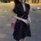 Short-sleeve Square-neck Floral A-line Mini Dress