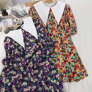Contrast Collar Floral Print Short-sleeve Mini A-line Dress