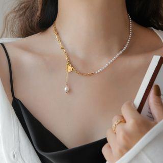 Disc Pendant Faux Pearl Chain Necklace White Faux Pearl - Gold - One Size