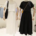 Short-sleeve Plain T-shirt / A-line Midi Skirt / Set