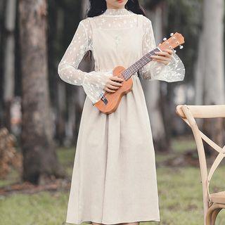 Set: Long-sleeve Lace Top + Corduroy Midi Jumper Dress