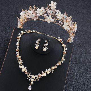 Wedding Set: Faux Crystal Flower Tiara + Necklace + Dangle Earring