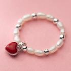 Heart Faux Pearl Sterling Silver Open Ring 1 Piece - S925 Silver - Silver & Red - One Size