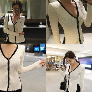Frill-edge Contrast-trim Rib-knit Cardigan