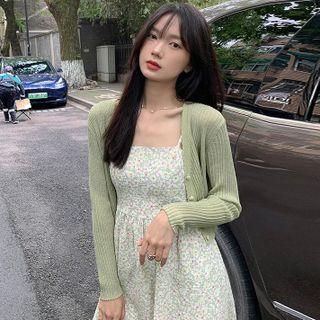Long-sleeve Plain Slub Cotton Cardigan