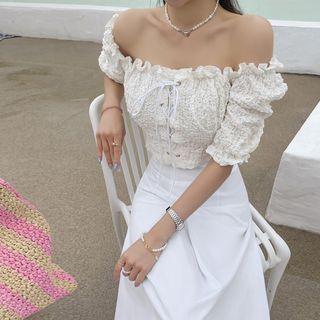 Off-shoulder Lace-up Textured Blouse
