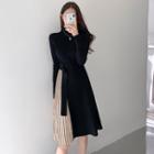 Pleated Panel Mock Two Piece Stand Collar Knit Dress Black - One Size