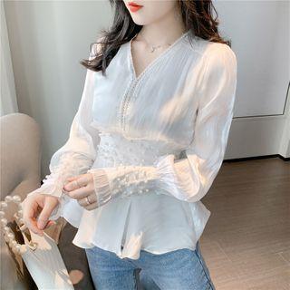 Lace Trim V-neck Beaded Detail Blouse