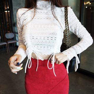 Turtleneck Long-sleeve Drawstring Lace Crop Top
