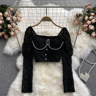 Square-neck Pearl Lace Cutout Puff-sleeve Top