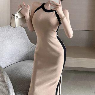 Halter Two-tone Slit Knit Midi Sheath Dress