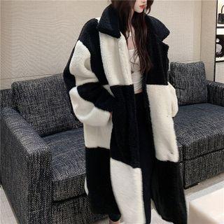 Colorblock Loose-fit Long Fleece Coat Black & White - One Size