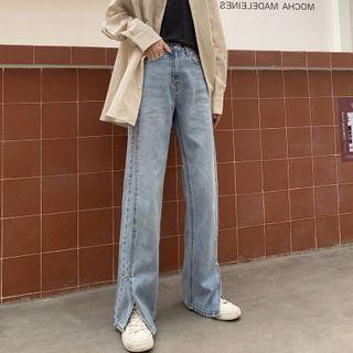 Straight-cut Slit Denim Pants