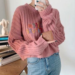 Lettering Embroidered Sweater Pink - One Size