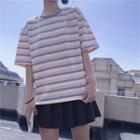 Short-sleeve Peach Embroidered Striped T-shirt