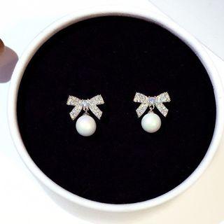 Bow Faux Pearl Drop Earring Silver - One Size