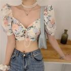 Short-sleeve Floral Print Crop Top Blue & Pink Floral - Off-white - One Size