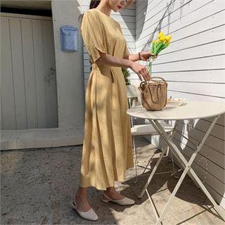Crew-neck Gathered-waist Checked Dress Yellow - One Size