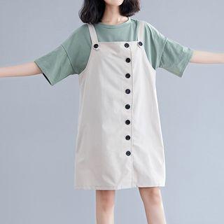 Elbow-sleeve T-shirt / Buttoned Dungaree Dress