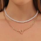 Faux Pearl Layered Choker Necklace 01 - Gold - One Size