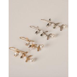 Faux-pearl Leaf-motif Drop Earrings