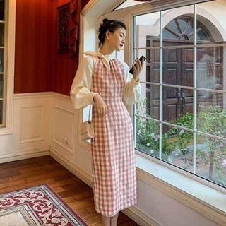 Tie-neck Lantern-sleeve Plaid Midi Sheath Dress