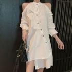 Long-sleeve Cold Shoulder Asymmetric Buttoned Dress As Shown In Figure - One Size