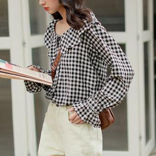 Long-sleeve Checkered Ruffled Blouse Black - One Size