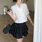 Short-sleeve Ruffle Trim Plain Shirt / High-waist Plain Layer A-line Mini Skirt