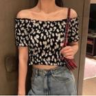 Off-shoulder Floral Cropped Blouse Daisy - Black - One Size