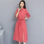 Long-sleeve Slit A-line Midi Dress