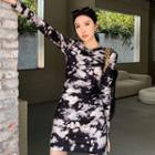Tie-dyed Crewneck Long-sleeve Slim-fit Dress