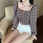 Plaid Square-neck Cropped Blouse Plaid - Red & Yellow & Blue - One Size