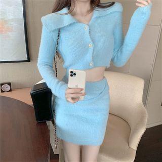 Collared Cropped Cardigan / Mini Pencil Skirt