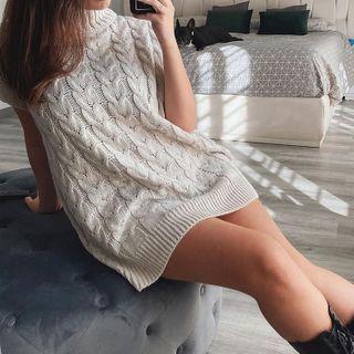 Mock Neck Cable Knit Short Sleeve Sweater