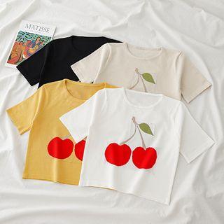 Cherry Print Short-sleeve Cropped Knit Top