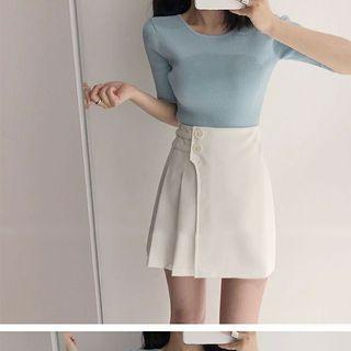 High-waist Asymmetric Pleated Mini A-line Skirt