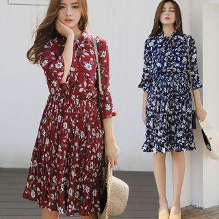 3/4-sleeve Bow Floral Print Shirred Chiffon Pleated Sheath Dress