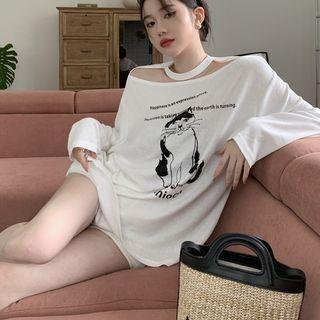 Long-sleeve Cutout Print T-shirt