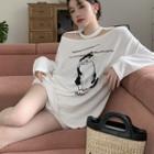 Long-sleeve Cutout Print T-shirt