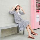 Square-neck 3/4-sleeve Frill-hem Gingham Midi Dress