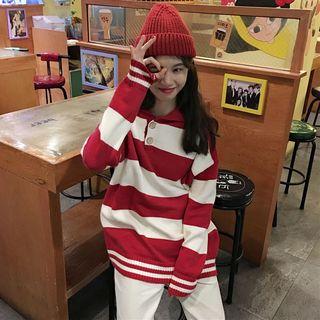 Sweater Wide Lapel Long-sleeve Striped Knit
