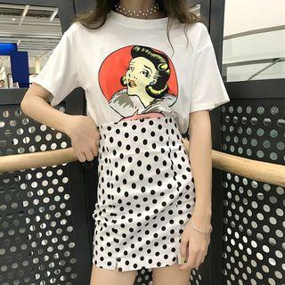 Set: Printed Short-sleeve T-shirt + Dotted A-line Skirt Tshirt + Skirt - As Shown In Figure - One Size