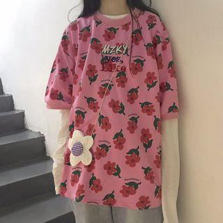 Elbow-sleeve Flower Print T-shirt Pink - One Size