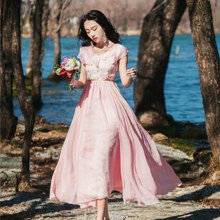 Cap-sleeve Midi A-line Chiffon Dress