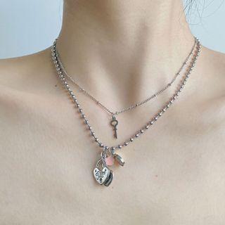 Heart Fringe Layered Necklace Silver - One Size