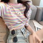 Short-sleeve Striped Embroidered T-shirt Stripes - Multicolor - One Size