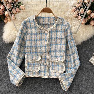 Round-neck Pocket Plaid Long-sleeve Cardigan
