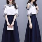 Set: Elbow-sleeve Cold-shoulder Embroidered Blouse + Midi A-line Skirt