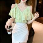 Cold-shoulder Lace Blouse / Shirred Mini Pencil Skirt